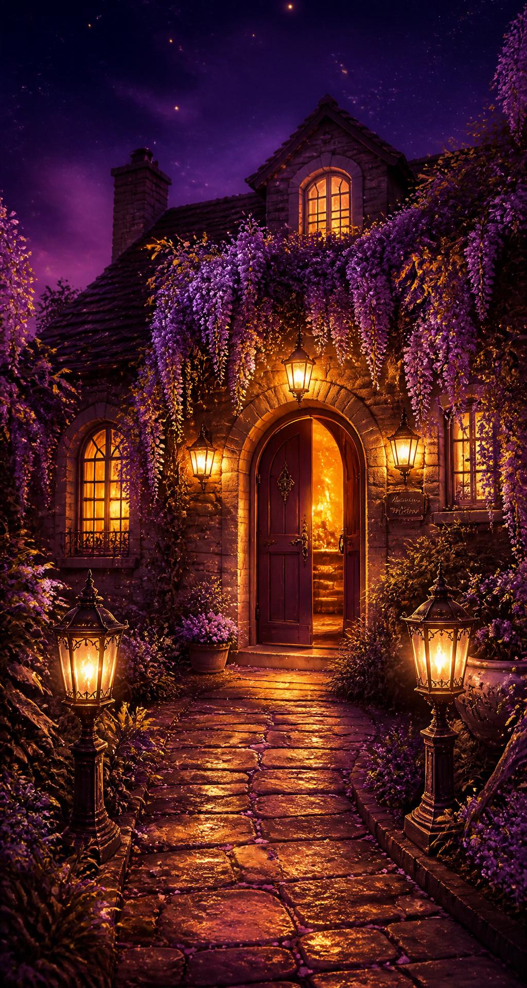 Warm stone house with purple flowering vines, glowing lanterns and an open front door at evening